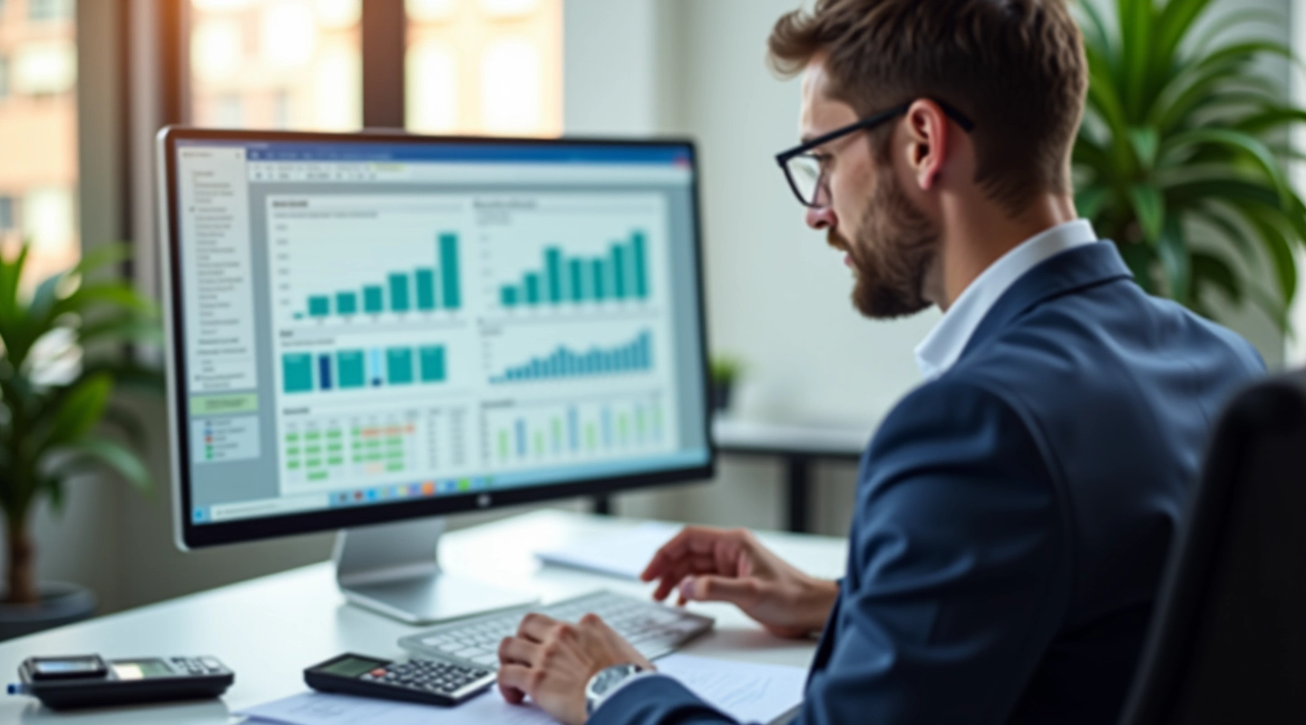 Accountant reviewing financial spreadsheets on computer screen with calculator nearby