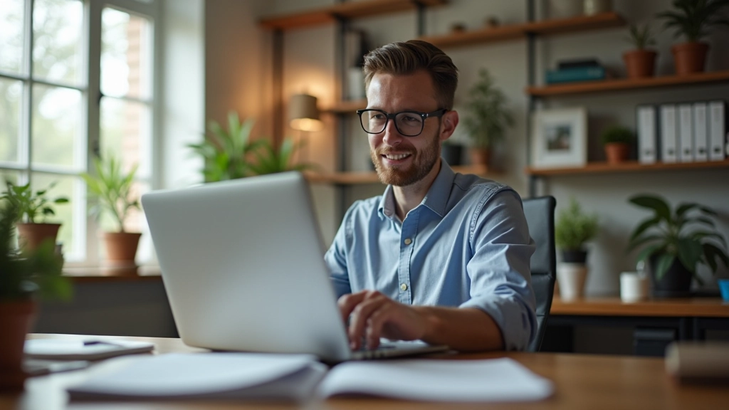 Small business owner working at home office desk with laptop showing invoicing software interface